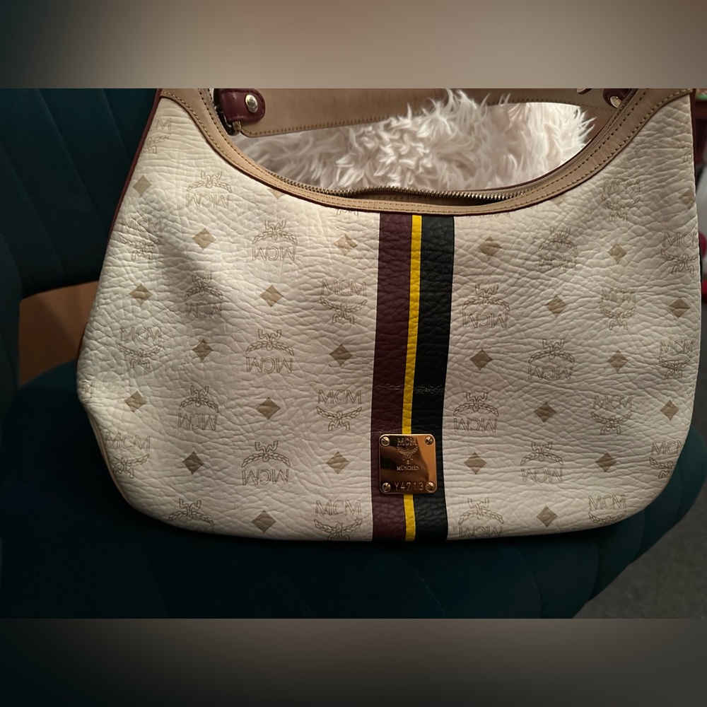 MCM White and Brown Shoulder Bag with Monogram Design